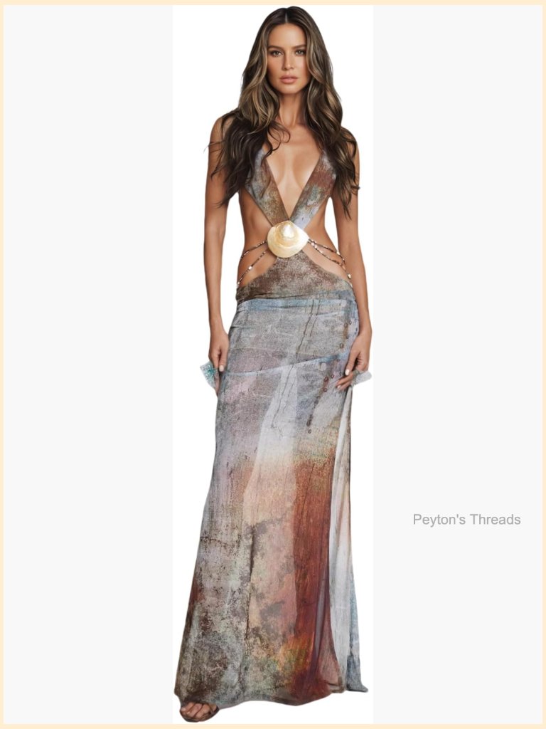 Sexy Open Back Sheer Mesh Maxi Dress High Slit Beach Cover Up
